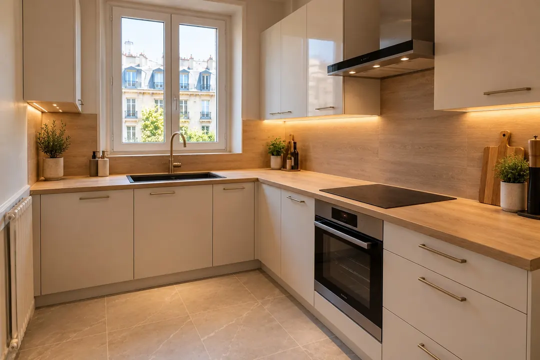 La même cuisine après rénovation : crédence effet bois, plan de travail en bois clair, meubles blancs, sol en grands carreaux clairs