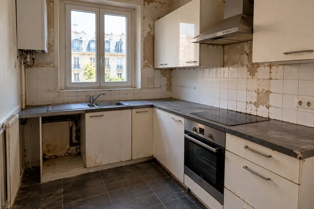 Cuisine avant rénovation : faïence blanche encrassée, murs écaillés, plan de travail usé et meubles abîmés