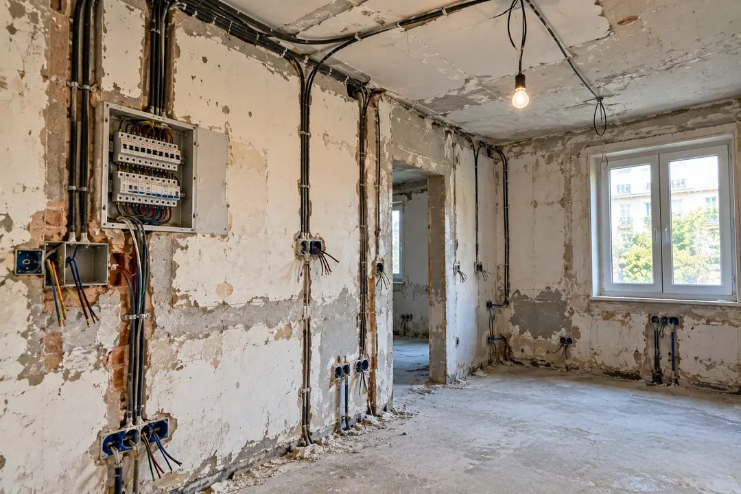 Électricité en cours de rénovation : tableau ouvert, gaines et boîtes d'encastrement apparentes sur des murs décroûtés