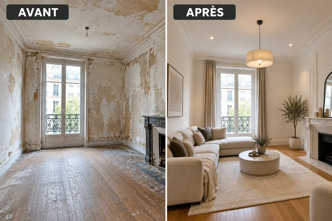 Avant et après : séjour aux murs et au plafond très abîmés, puis le même séjour enduit et repeint en blanc, moulures remises en état