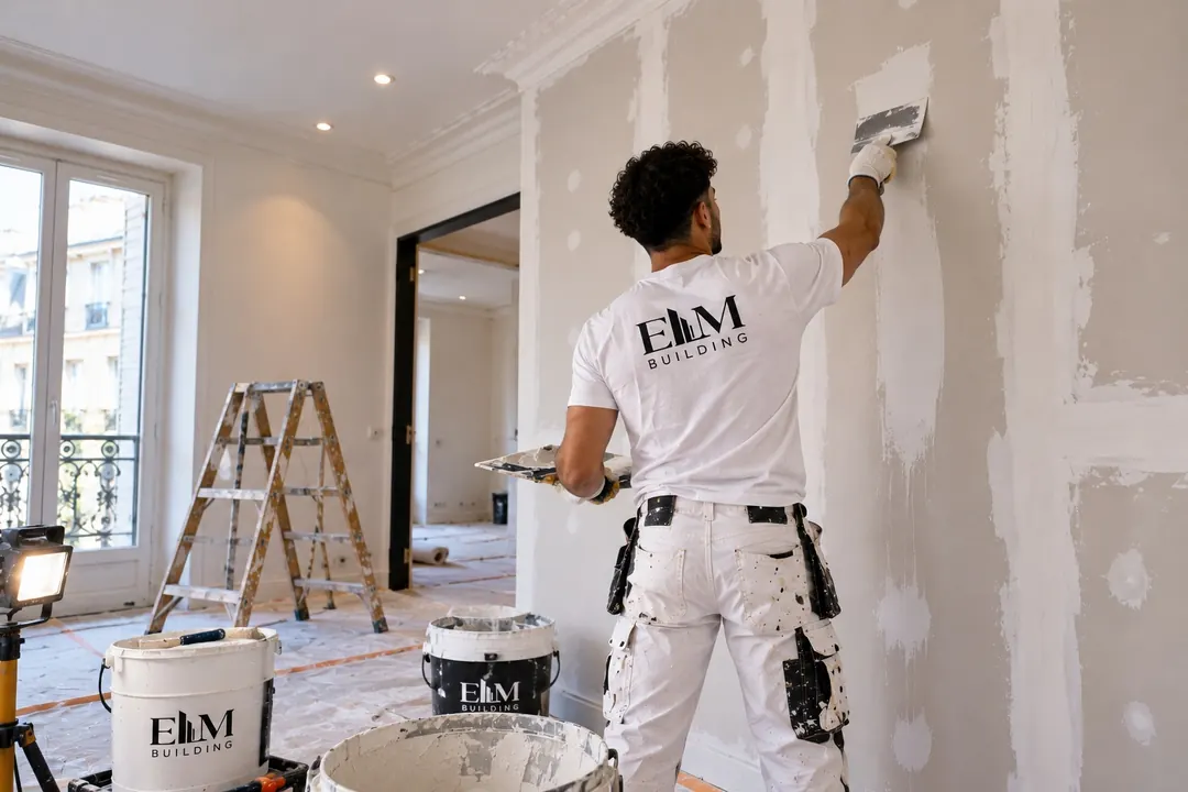 Peintre ELM Building en train d'enduire un mur avant la peinture, dans un appartement aux sols protégés