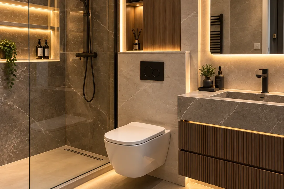 La même pièce après la rénovation : douche à l'italienne vitrée, WC suspendu, meuble vasque en bois, niches et miroir éclairés