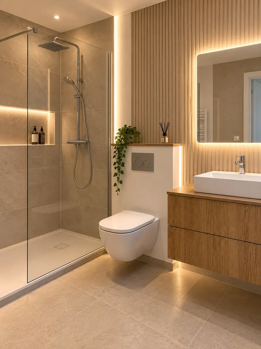 Salle de bain terminée : WC suspendu, douche derrière une paroi vitrée, meuble vasque en bois et miroir éclairé