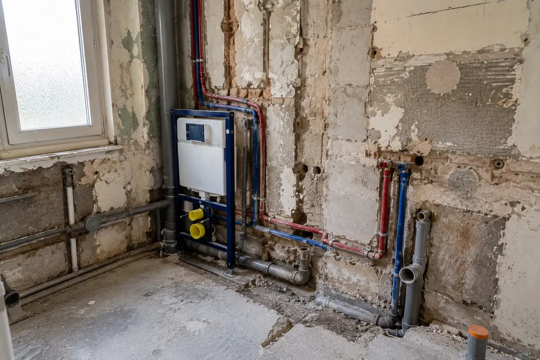 Pièce en cours de rénovation complète : murs mis à nu, réseaux d'eau neufs en attente, bâti-support de WC posé, chape brute au sol