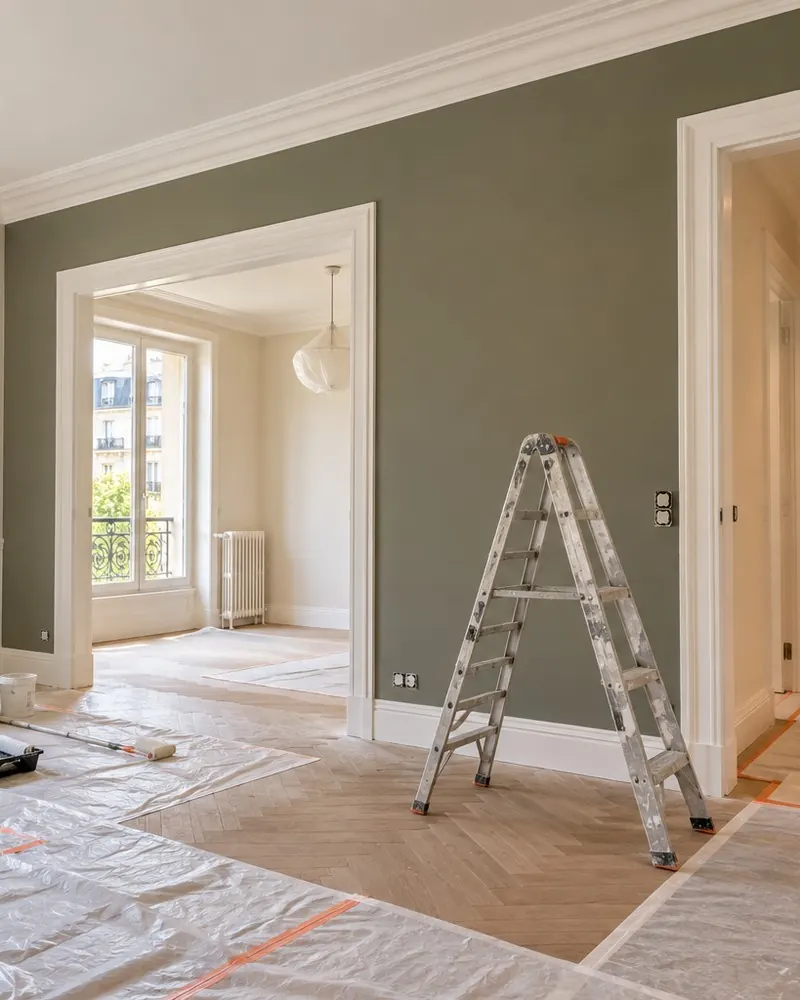 Appartement en cours de rénovation complète par ELM Building : murs repris, sols protégés