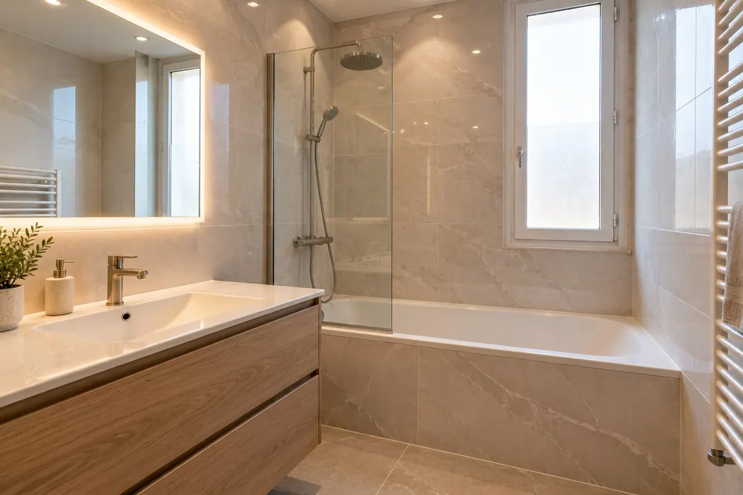 La même salle de bain après rénovation : grands carreaux effet marbre au mur et au sol, meuble vasque en bois et miroir éclairé